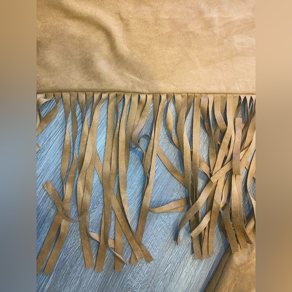 “Ole Stevie Stand Back” camel suede fringe sleeve romper/bodysuit NWT - Picture 2 of 10